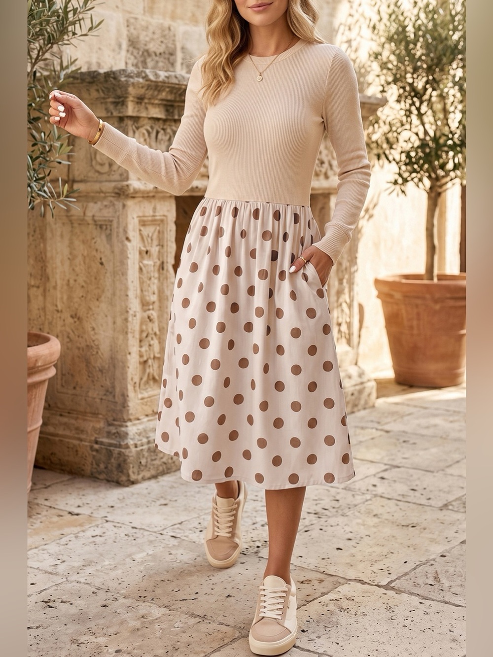 Polka Dot Midi Long Sleeve Dress